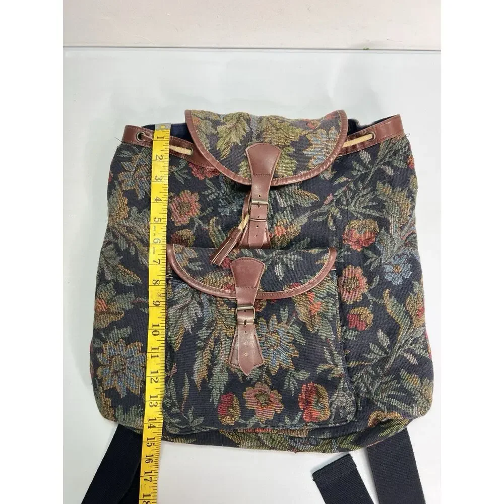 Vintage GAP Floral Tapestry Drawstring Backpack Y2K Boho Cottage Leather Trim